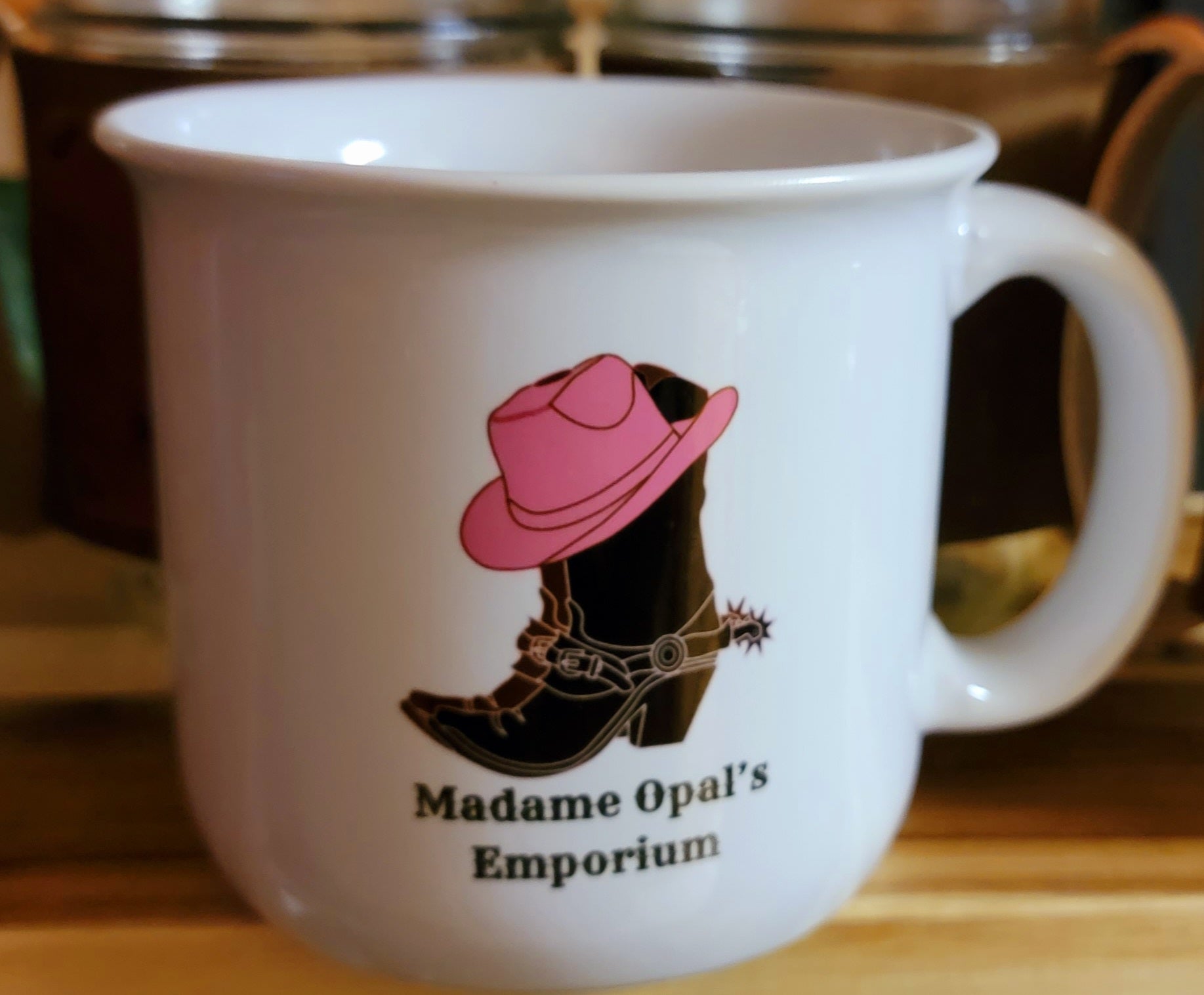 Madame Opal's Signature White Boots & Hat Logo Mug